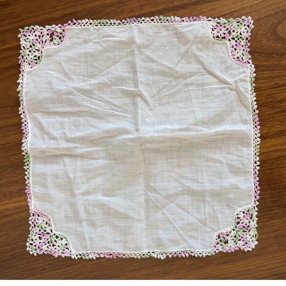 Vintage White Linen Handkerchief Pastel Pink Green Hand Crochet Lace Floral Edge